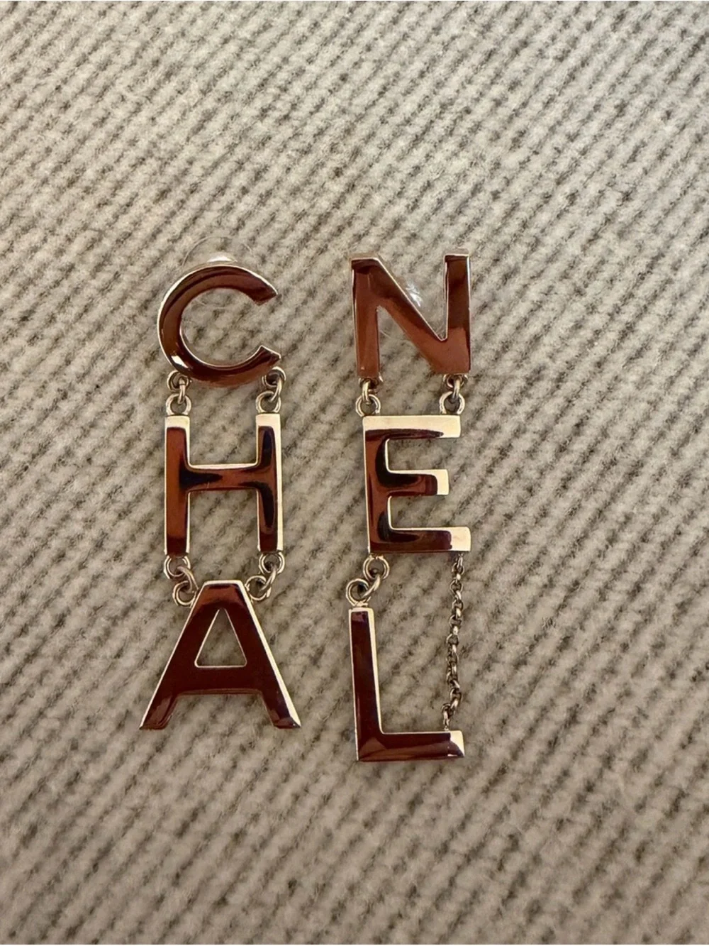CHANEL Gold Tone Letter Drop CHA NEL Earrings